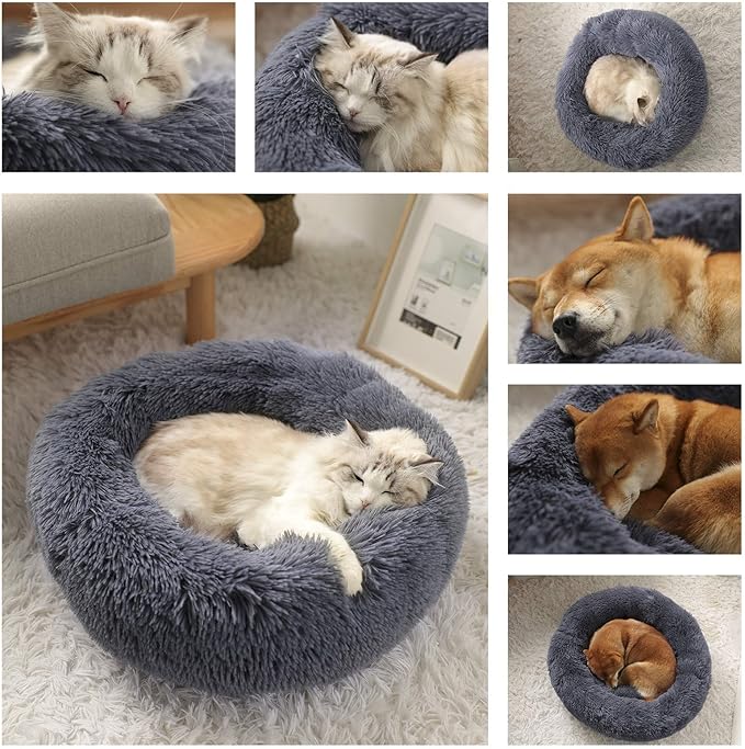 Dog Bed Calming Dog Beds for Small Medium Large Dogs - Round Donut Washable Puppy Dog Bed, Anti-Slip Faux Fur Fluffy Donut Cuddle Anxiety Cat Pet Bed(28" Dark Grey)