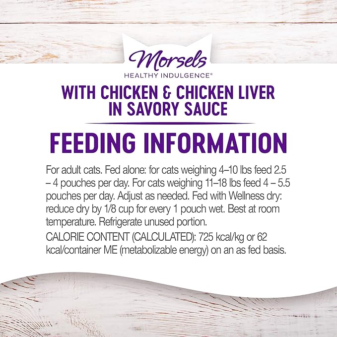 Wellness Healthy Indulgence Morsels Grain-Free Wet Cat Food, Made with Natural Ingredients, Quality Proteins, Complete and Balanced Meal, 3 oz Pouches (Chicken & Chicken Liver, 24 Pack)
