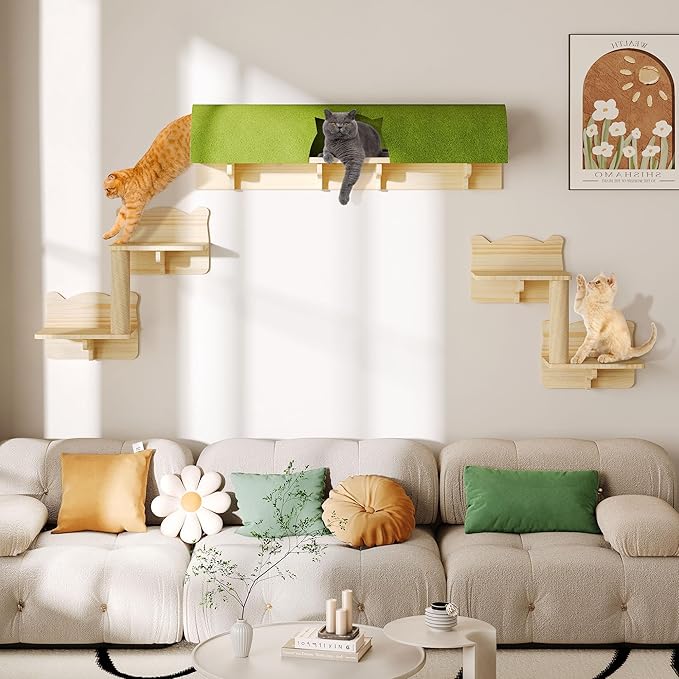 DWVO Solid Wood Cat Wall Shelves and Perches for Wall, Pine Wooden Wall Mounted Cat Furniture, Set of 7 Cat Climbing Shelves with Wall Steps, Scratching Post and Cat Tunnel