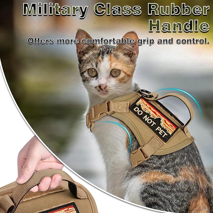 Tactical Cat Harness for Walking, Adjustable Escape Proof Pet Vest for Large Cat,Easy Control Breathable Cat Vest with Handle,Molle Patches (Khaki, L)