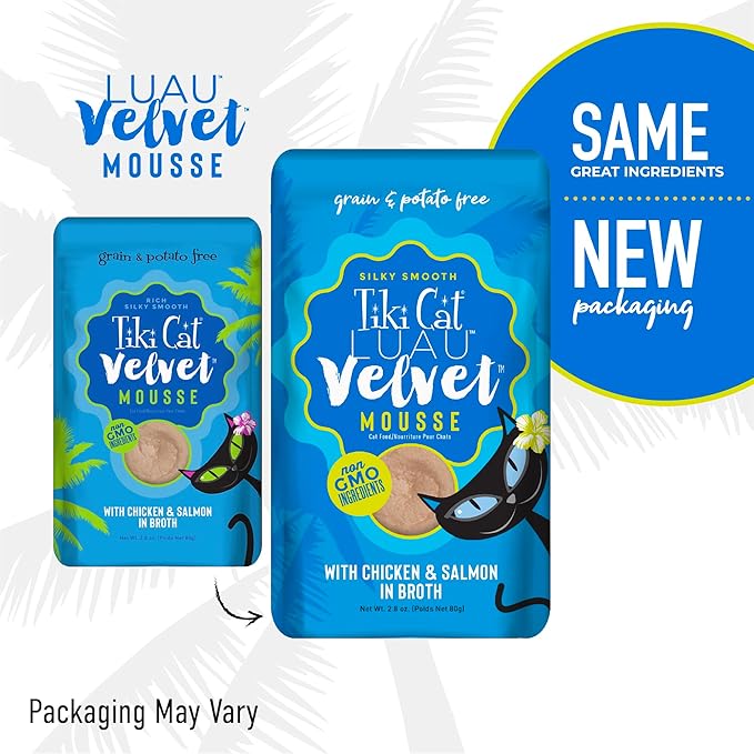 Tiki Cat Luau Velvet Mousse, Chicken & Salmon in Broth, Complete Nutrition for Balanced Diet, Wet Cat Food For All Life Stages, 2.8 oz. Pouch (Pack of 12)