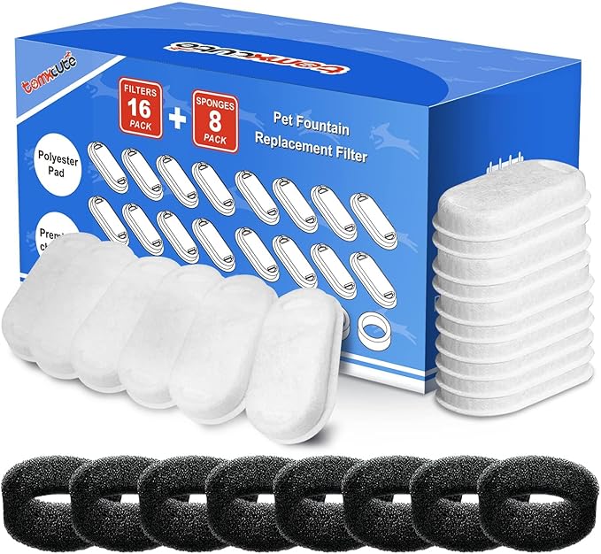 Tomxcute Official Cat Water Fountain Filters for 108oz/3.2L and 135oz/4.0L Adjustable Water Flow Cat Water Fountain, Ultra-Quiet Cat Water Fountain 16 Packs Filters & 8 Sponges Foam Filters