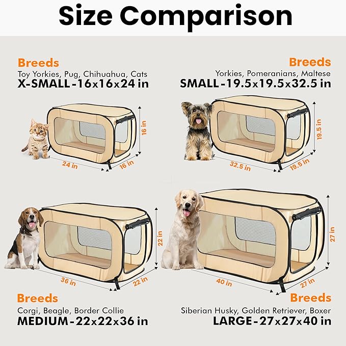 Beatrice Home Fashions Portable, Collapsible, Pop Up Kennel Travel Cat and Dog Crate, 32.5" L x 19.5" W x 19.5" H, Beige
