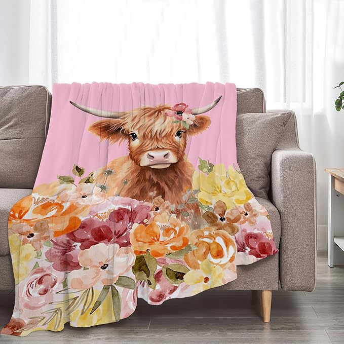 Highland Cow Blanket Ultra Soft Cozy Longhorn Cow Throw Blanket Fleece Fuzzy Plush Bedding Cow Lovers Gifts for Women Girls Kids Adults 80"x60"
