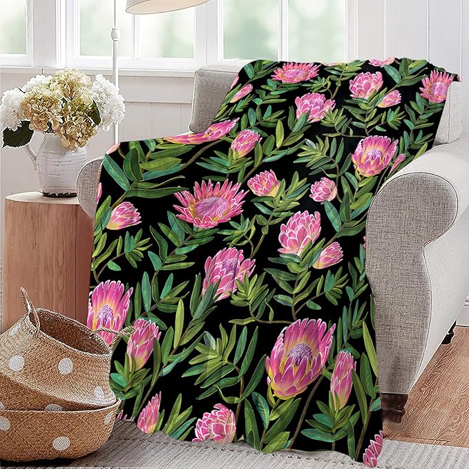 Protea Flower Blanket Ultra Soft Cozy Plush Farmhouse Floral Throw Blanket Wildflower Lovers Gifts for Girls Women Kids Adults Lightweight Flannel Comfy Blankets for Couch Sofa Bed 80"x60"