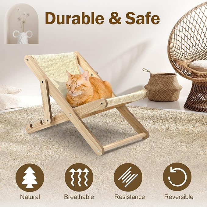 Sisal Cat Chair No Assembly Required, 3-Gear Adjustable Cat Sisal Lounge Chair, Natural Wooden Cat Chair for Indoor Cats with Removable Cat Chair Blanket, Cat Beach Chair for Small Medium pet