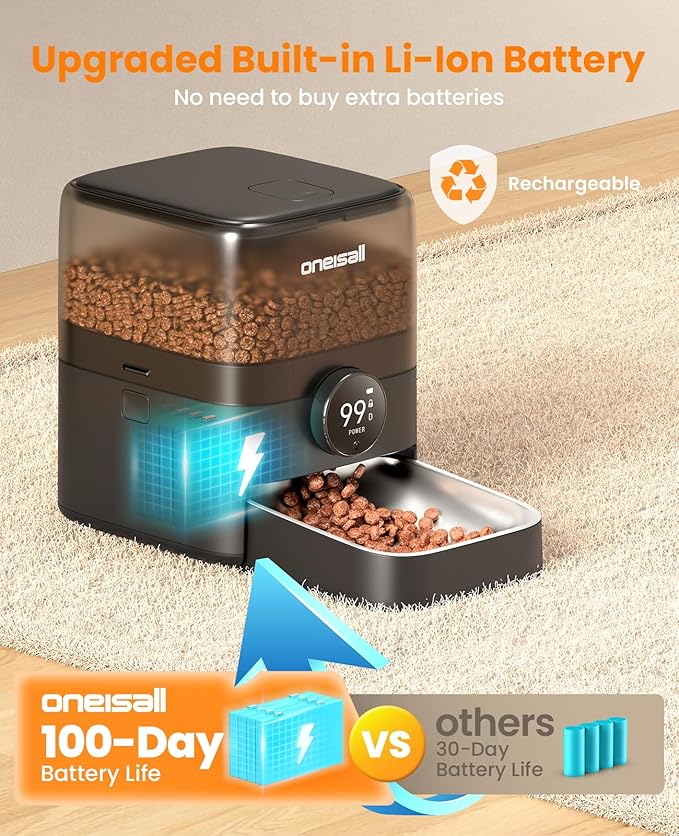 oneisall Automatic Cat Feeder, WiFi Rechargeable Cordless Pet Feeder, 100 Day Battery Operated Pet Feeder, 3L Timed Cat Food Dispenser for Large Kibble, Smart App Control, Black