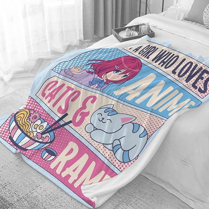 Just A Girl Anime Blanket - Kawaii Decor, Cats & Ramen, Luxurious & Cozy, 40X50 Inch, Kids/Child
