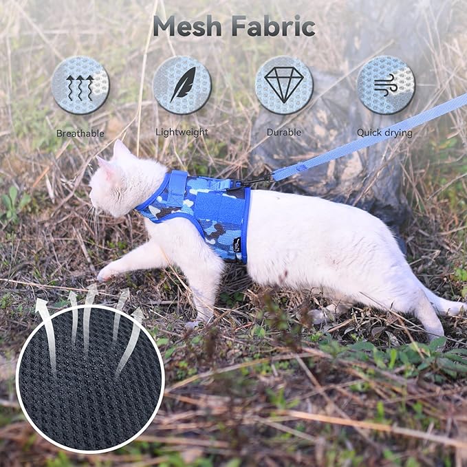 Tactical Cat Harness and Leash for Walking Escape Proof Breathable Mesh Fabric, Ocean Camo, Medium, Adjustable Cat Walking Jackets, Padded Stylish Cat Vest