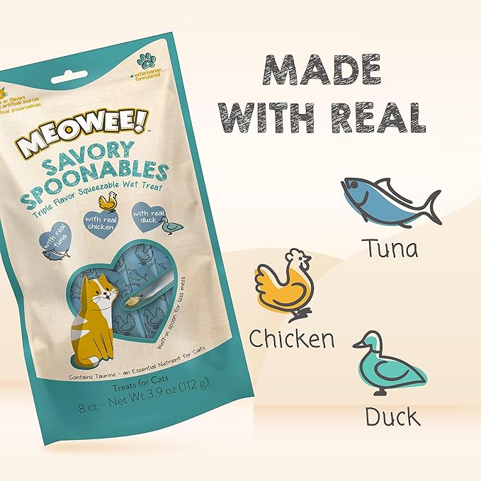 Savory Spoonables with Real Tuna, Chicken & Duck, 8 Count Tube, Triple Flavor Squeezable Lickable Wet Treats for Cats with Built-in Spoon for Less Mess