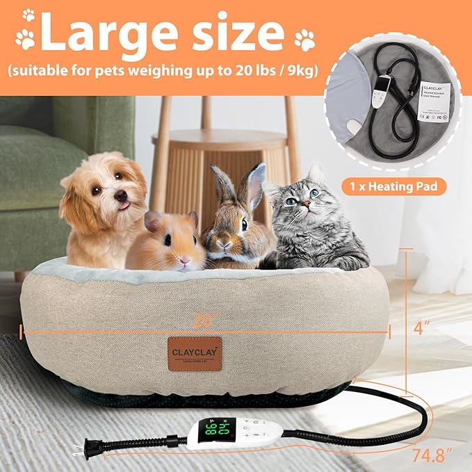 Heated Cat Bed,Round Heated Cat Bed for Indoor Cats, 20" Cozy Washable Heated Cat Bed with Timer & Temperature Adjustable,Non-Slip Bottom,Removable,Pet Heating Pad with Waterproof