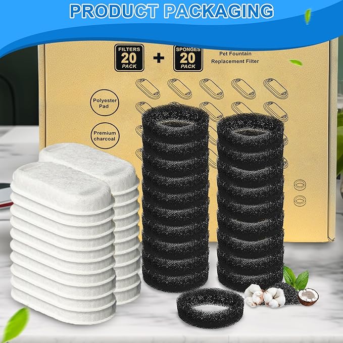 Cat Water Fountain Filters, 40 Pack Cat Fountain Replacement Filters for Stainless Steel 67oz/2L& 108oz/3.2L adjustable Water Flow Pet Water Fountain,Dog Water Fountain Filters(20 Filters& 20Sponges)