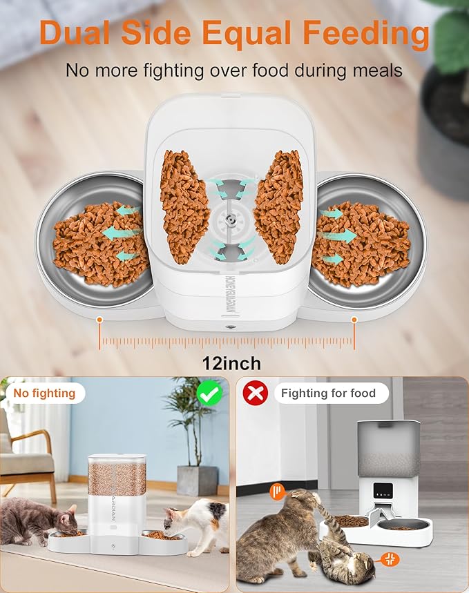 HoneyGuaridan 3.5L Automatic Cat Feeder for Two Cats, 2.4G WiFi Enabled Smart Feed Pet Feeder with Stainless Steel Bowl,APP Control Dispenser, Dual Power Supply,Desiccant Bag,10s Meal Call