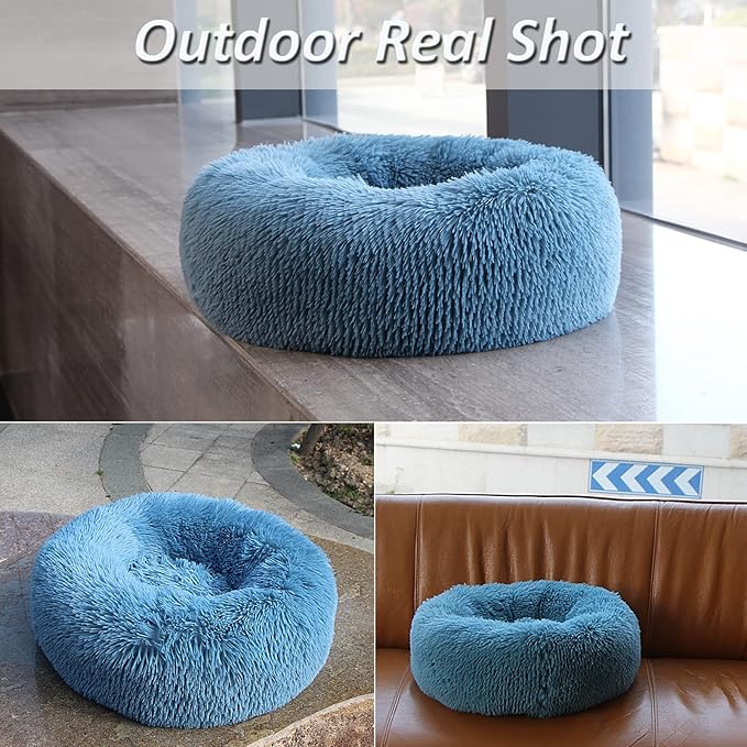 Comfy Calming Dogs Bed for Deep Sleep Small Puppy ,Puppy Bed with Fluffy Donut is for Anxiety Small Dogs,19" Round Soft Faux Fur Pet Bed for Small Dogs Under 15 lbs Machine Washable Blue
