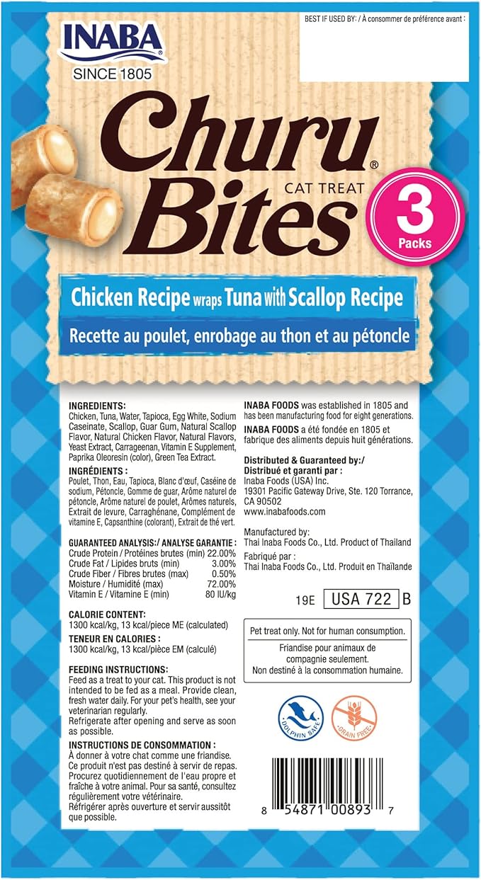 INABA Churu Bites for Cats, Soft Baked Chicken Churu Filled Cat Treats with Green Tea Extract, 0.35 Ounces Each Tube, 9 Tubes Total, Tuna with Scallop Recipe