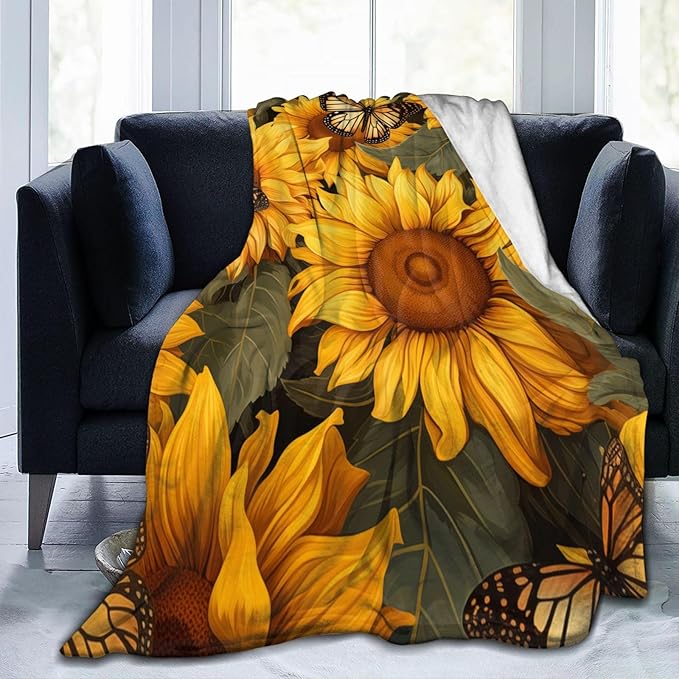 Sunflower Butterfly Blanket Gifts for Grils Women Floral Flannel Throw Blankets for Home Couch Bed Sofa Soft Fuzzy Lightweight Decor All Season 50x40 Inches