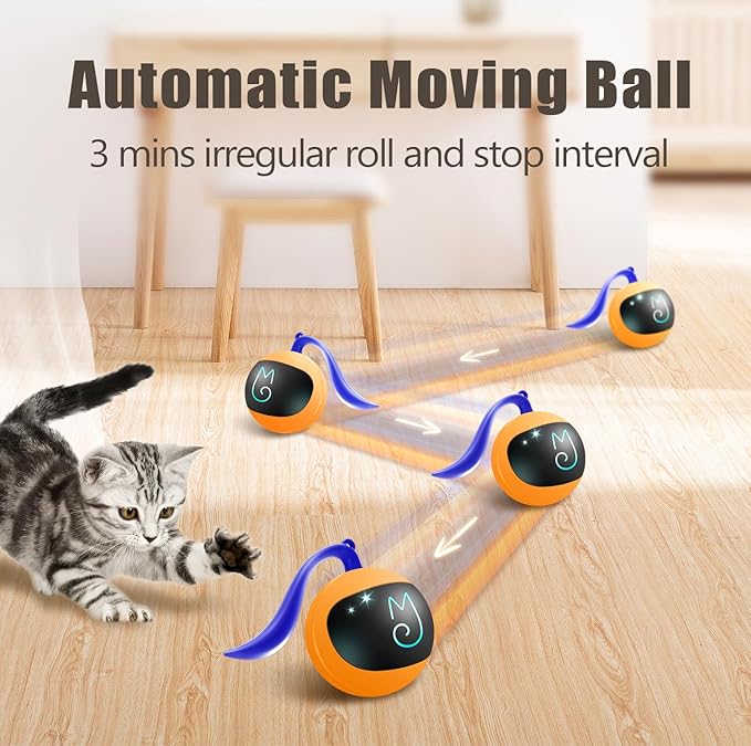 Migipaws Interactive Cat Ball Toy Set, Fun Tracker, Automatic Rolling Chase Ball with Fluffy Tail, A Small Mice, Rechargeable(Orange)