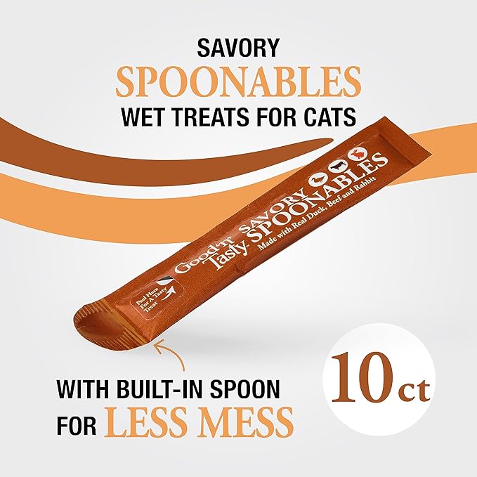 Good ‘n’ Tasty Savory Spoonables with Real Duck, Beef & Rabbit, 10 Count Tube, Triple Flavor Squeezable Lickable Wet Treats for Cats with Built-in Spoon for Less Mess