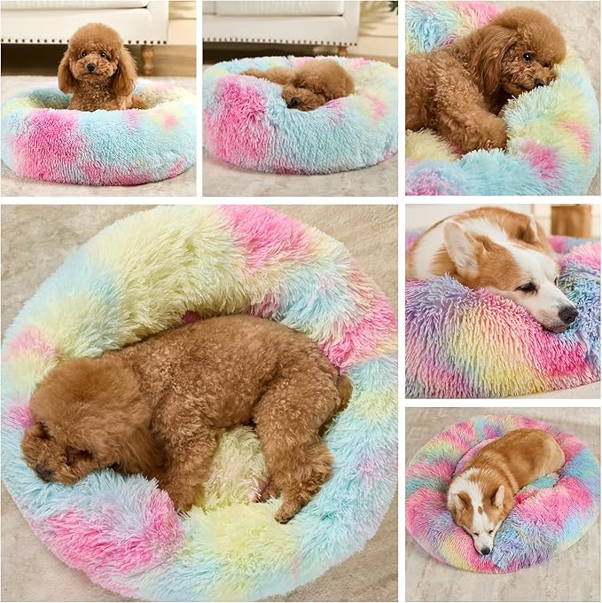 Dog Bed Calming Dog Beds for Small Medium Large Dogs - Round Donut Washable Puppy Dog Bed, Anti-Slip Faux Fur Fluffy Donut Cuddle Anxiety Cat Pet Bed(32'' Color)