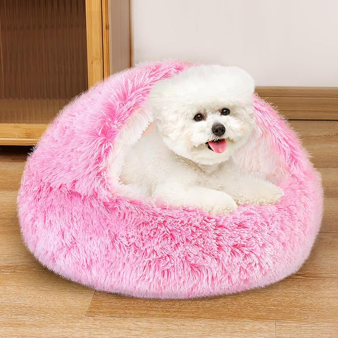 NOYAL Dog Bed Round Hooded Plush Cat Cave Donut Anti Anxiety Fluffy Dog Bed for Small Medium Dog and Cat