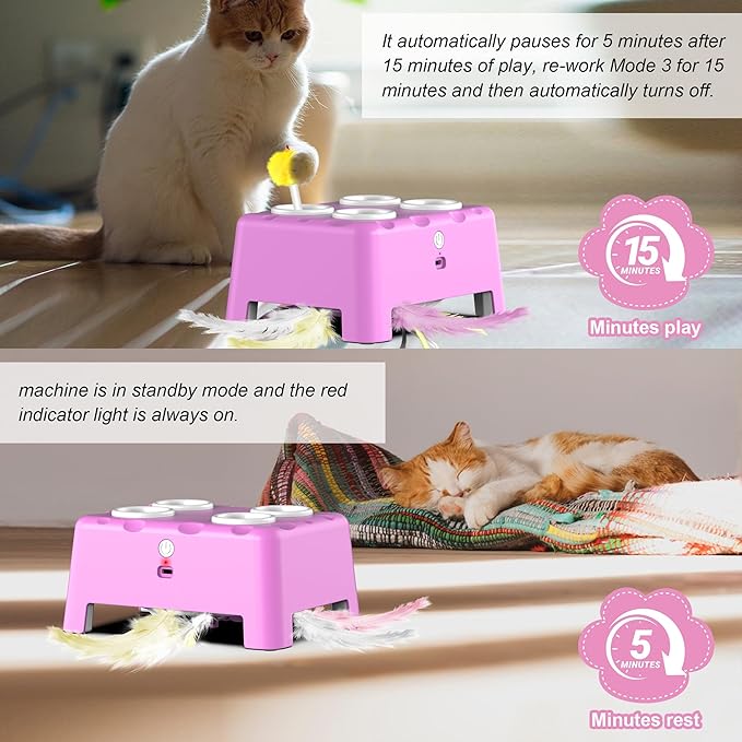 Cat Toys, Interactive Cat Toys, 2-in-1 Automatic Cat Toy, 4 Holes Mice Whack A Mole Cat Mouse Toy with Moving Feather, Portable USB Rechargeable Electronic Kitten Toys (Pink)