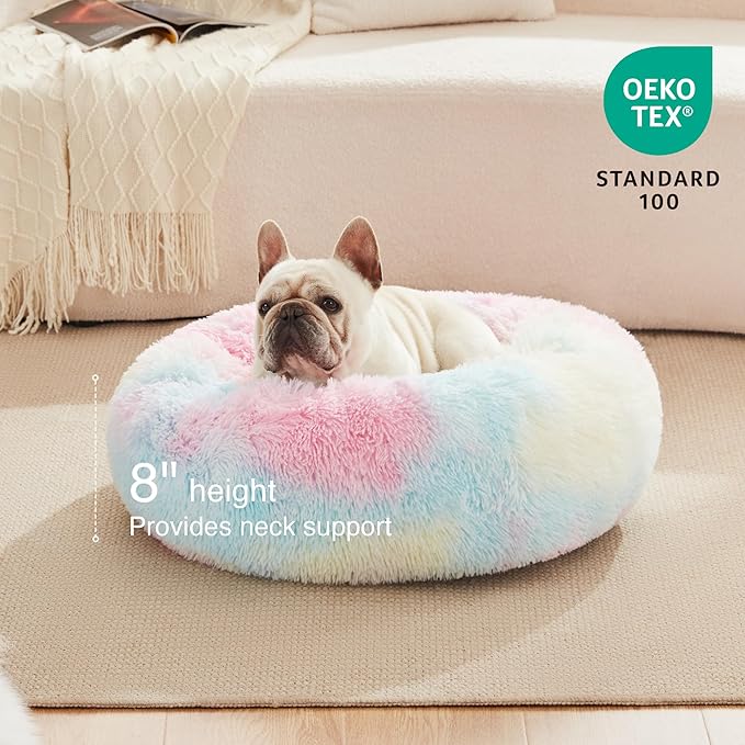 Love's cabin 24in Cat Beds for Indoor Cats - Cat Bed with Machine Washable, Waterproof Bottom - Fluffy Dog and Cat Calming Cushion Bed for Joint-Relief and Sleep Improvement, Rainbow