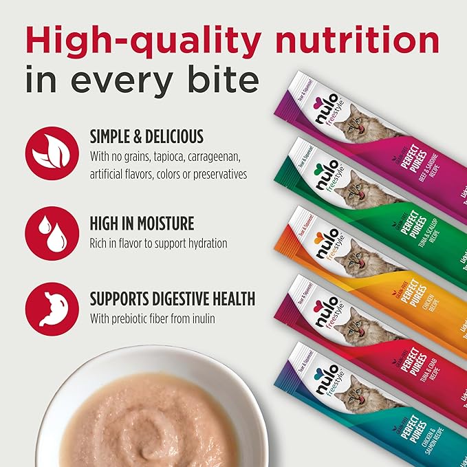 Nulo Freestyle Grain-Free Perfect Purees Premium Wet Cat Treats, Squeezable Meal Topper for Felines, High Moisture Content to Support Cat Hydration, 0.5 Ounces in Each Lickable Wet Cat Treat Pouch