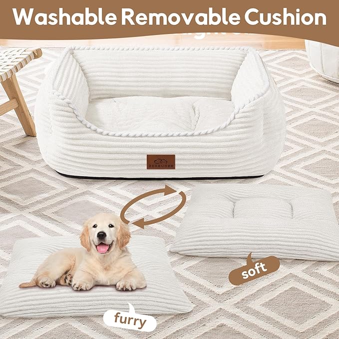 Rectangle Dog Bed for Large Medium Pets Indoor Outdoor with Removable Mat,Machine Washable Sleeping Sofa Non-Slip Bottom Soft Puppy Bed Durable Orthopedic Calming Pet Cuddler (Large, Cream)