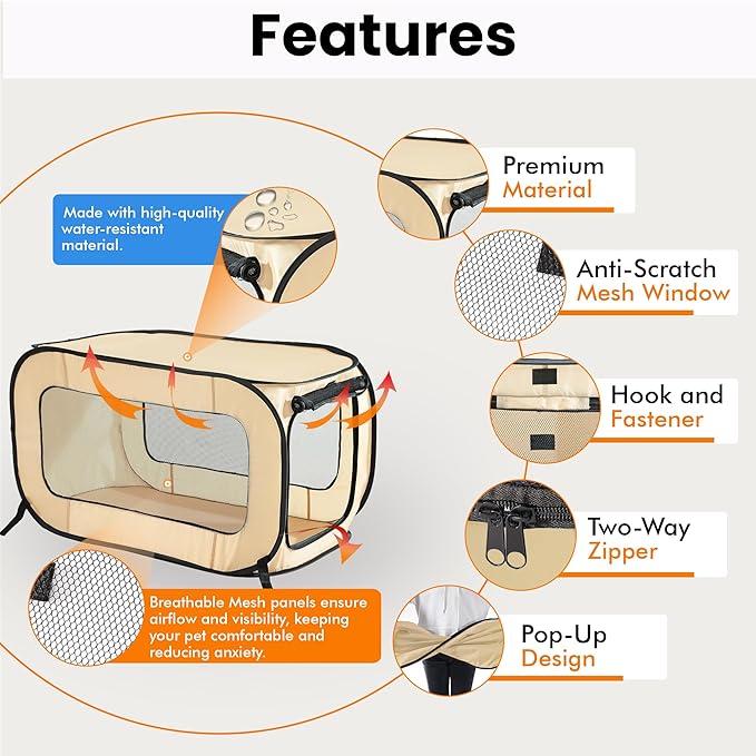 Beatrice Home Fashions Portable, Collapsible, Pop Up Kennel Travel Cat and Dog Crate, 32.5" L x 19.5" W x 19.5" H, Beige