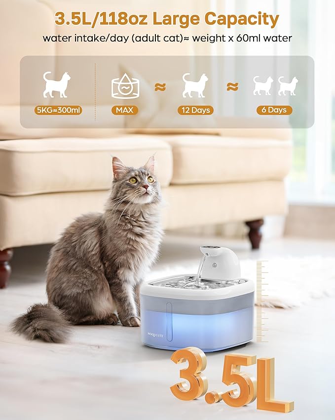 Wireless Cat Water Fountain with Stainless Steel Lid, 118oz/3.5L Quiet Cordless Cat Drinking Fountain with Replacement Filters, Automatic Pet Water Dispenser for Cats, Dogs