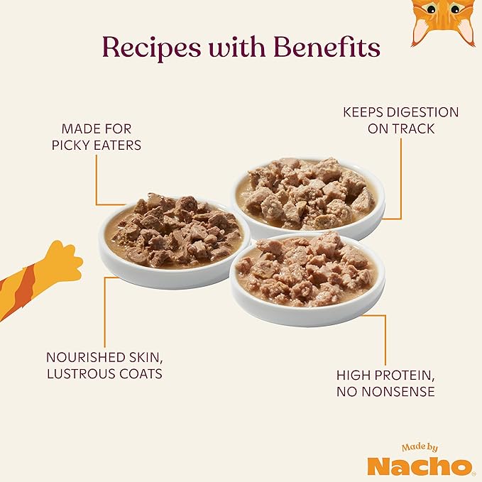 Made by Nacho Wet Cat Food Variety 12 Pack (3oz Each), Cage-Free Chicken, Sustainably Caught Salmon, Grass-Fed Beef with Bone Broth for Extra Hydration, Gravy Cut Pouches