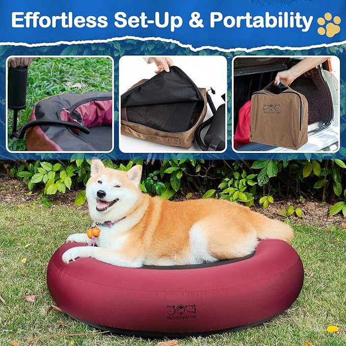Elevated Dog Bed,Inflatable Dog Bed Raised,Pet Cushion Sofa for Medium Dogs,Portable Dog Cot Doughnut Round Stand,Waterproof Dog Bed Frame for Indoor,Outdoor(Red)