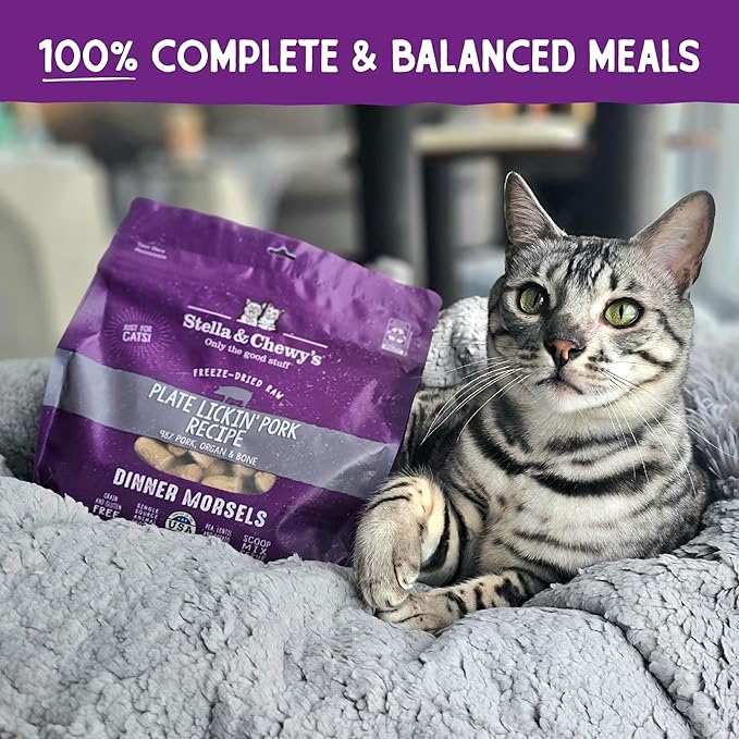 Stella & Chewy's Freeze-Dried Raw Cat Dinner Morsels – Grain Free, Protein Rich Cat & Kitten Food – Plate Lickin' Pork Recipe – 18 oz Bag