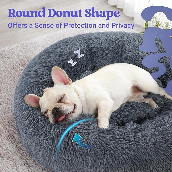 rabbitgoo Dog Bed for Small Dogs, 24 inches Washable Small Dog Bed, Fluffy Donut Dog Bed Anti-Slip, Calming Soft Plush Round Pet Bed for Dogs, Fits up to 18 lbs Pets, Dark Grey