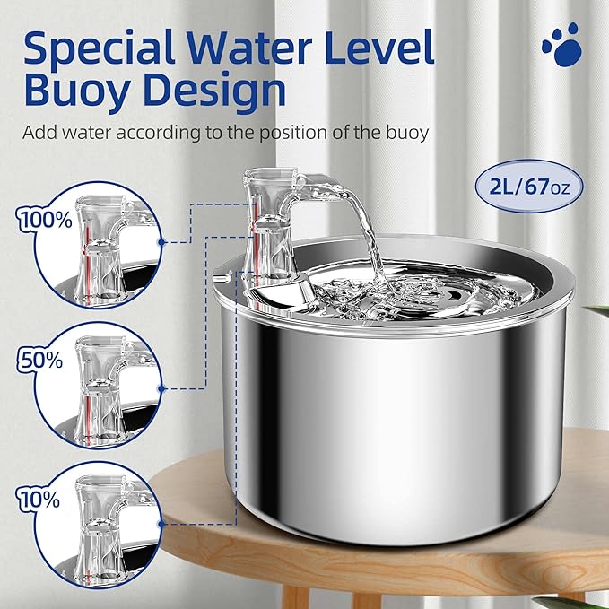 Cat Water Fountain, Stainless Steel Inside Ultra-Quiet Pump, 2L/67oz Automatic Dog Dispenser Water Bowl, Multiple Pets Water Fountain
