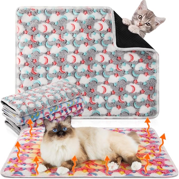 4 Pack Self Heating Cat Bed Cat Self Warming Pad with Removable Cover Extra Warm Thermal Pet Pad Washable Pet Crate Mat Anti Slip Kennel Pad for Indoor Outdoor Pets(Stars Moon,16 x 20 Inches)