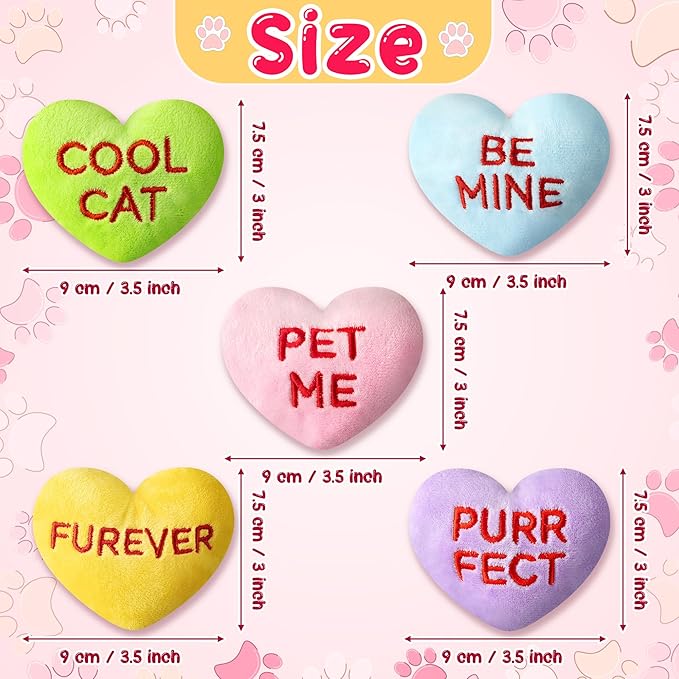 MALLMALL6 5Pcs Valentine’s Day Conversation Heart Candy Catnip Toys for Cat, Catmint Interactive Cat Toy for Indoor Cats, Soft Plush Pet Sweetheart Gift Supplies, Kitten Teething Chew Kick Toy Set