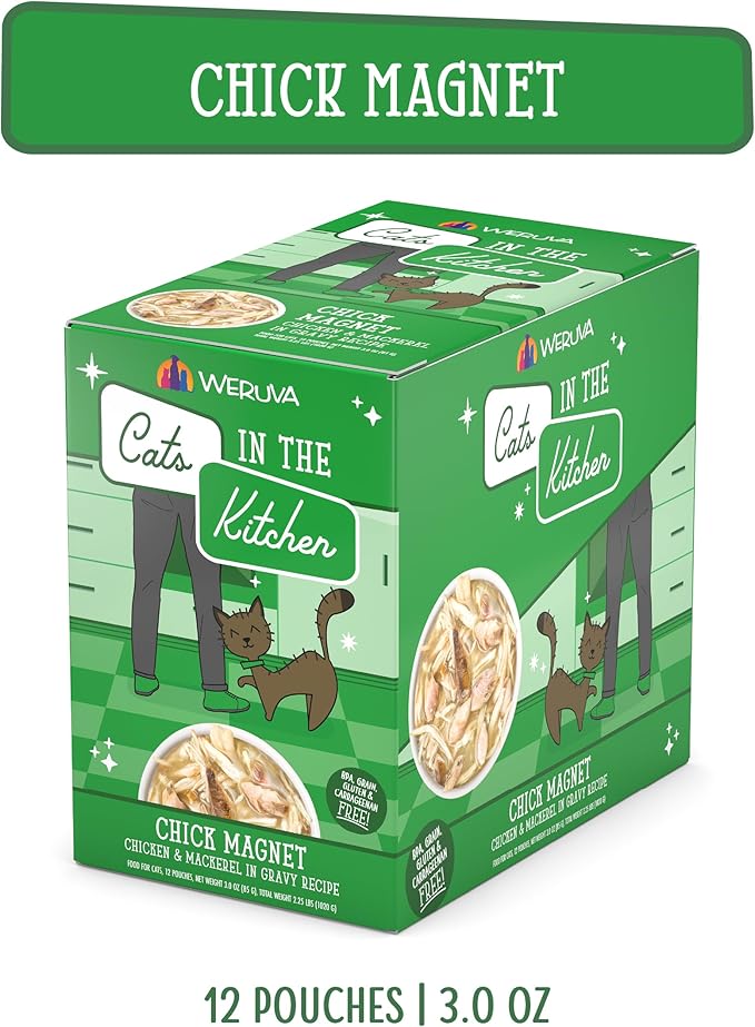 Weruva Cats in The Kitchen, Chick Magnet with Chicken & Mackerel in Gravy Cat Food, 3oz Pouch (Pack of 12)