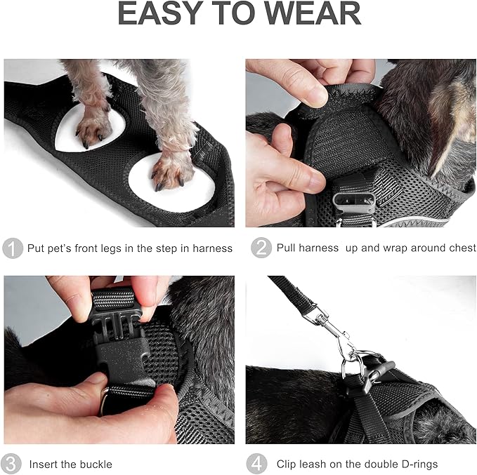 PetiFine Extra Small Step in Dog Harness and Leash Set, Cat Harness and Leash Escape Proof, All Weather Mesh Reflective, Step-in Air Vest Harnesses for Puppy(XXXS, Black)