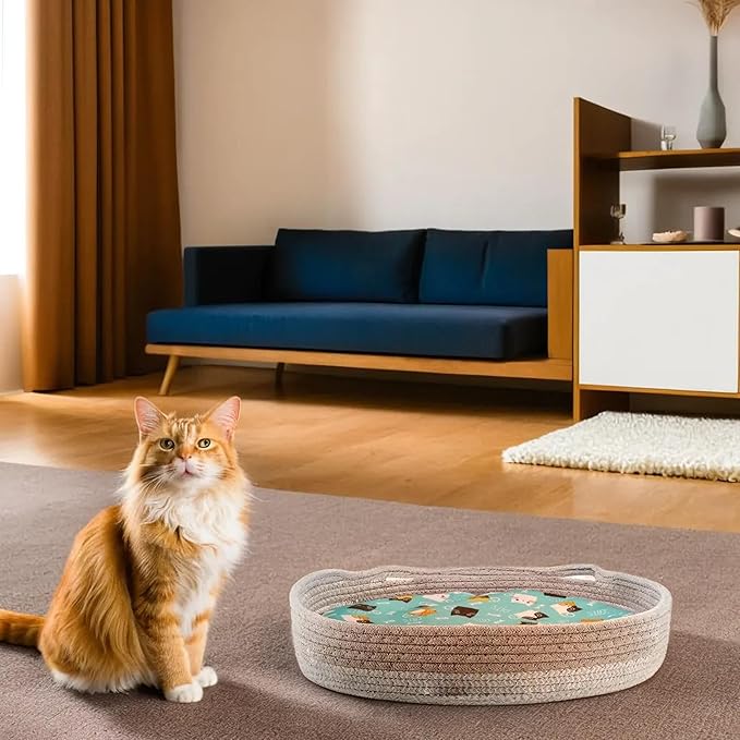 Round Cat Bed for Indoor Cats, Cat Basket Bed, Wicker Cat Donut Beds, Cooling Cat Nest for Summer Sleeping, Washable Pet Pad for Cat Scratching, Blue Grey