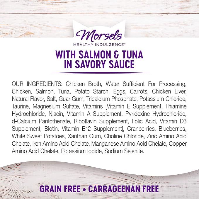 Wellness Healthy Indulgence Morsels Grain-Free Wet Cat Food, Made with Natural Ingredients and Quality Proteins, Complete and Balanced Meal, 3 oz Pouches (Salmon & Tuna in Savory Sauce, 24 Pack)