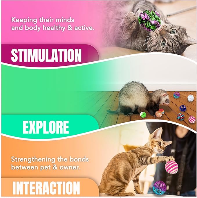 SunGrow Mix Balls for Ferrets, Multi-Sensory Fun Activity Set, Mind and Body Exercise, Teeth Care, Pet Enrichment, Assorted Foam, Jingle, Crinkle, Sisal, Coil, Pompom Balls, 30 Pcs