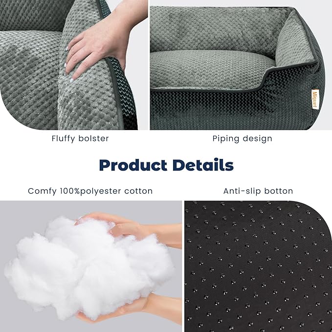 Miguel Medium Small Dog Bed with Washable Removable Cover - Rectangle Pet Bed for Indoor Cats with Bolster Soft Cuddle Bed for Puppies with Supportive Side Wall Non-Slip Bottom, Dark Gray 25 Inches