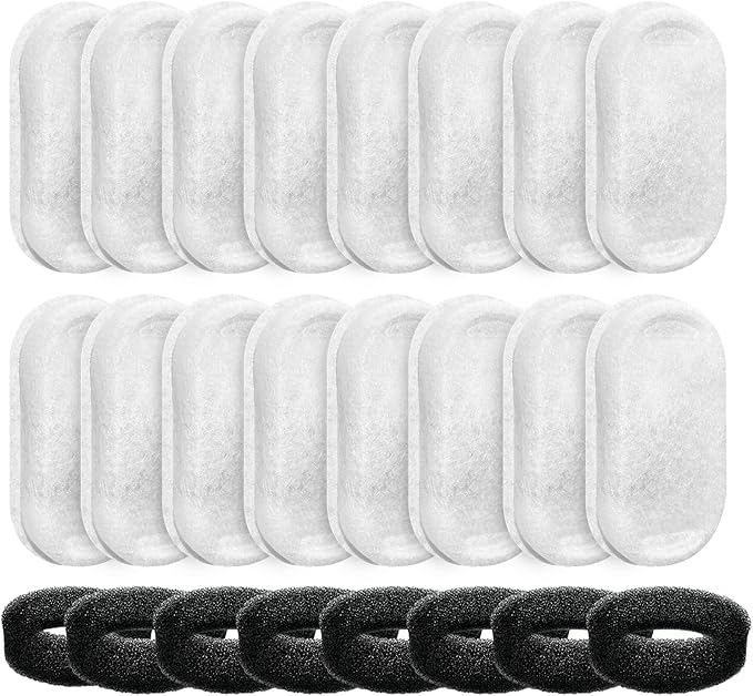 Tomxcute Official Cat Water Fountain Filters for 108oz/3.2L and 135oz/4.0L Adjustable Water Flow Cat Water Fountain, Ultra-Quiet Cat Water Fountain 16 Packs Filters & 8 Sponges Foam Filters