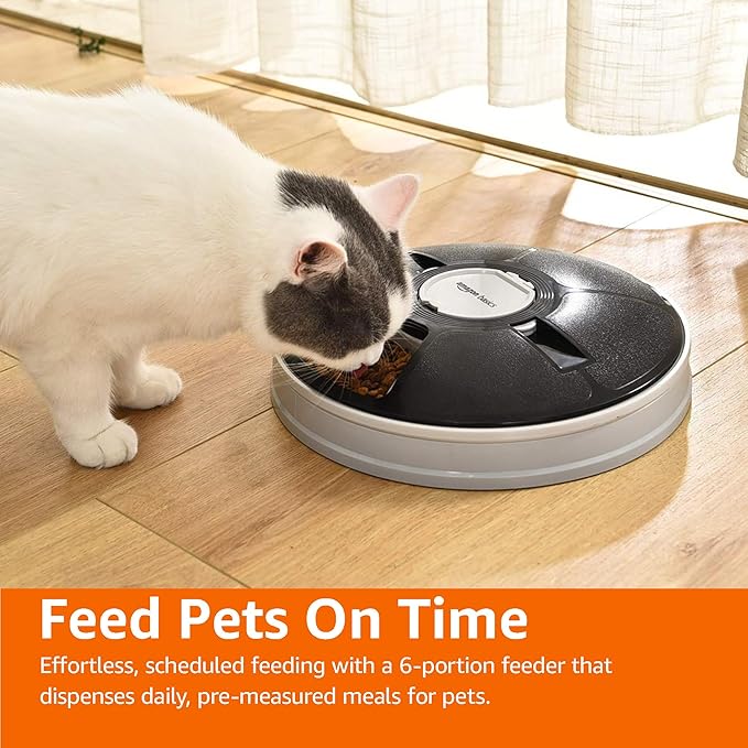 Amazon Basics Automatic Pet Feeder, Electronic Timed Dog and Cat Food Dispenser, 6 Portions, Plastic, Black, 12" X 12" X 2.3"