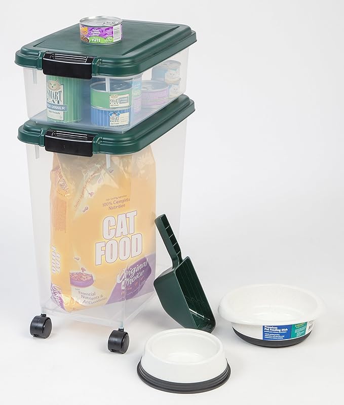 Remington 2 Piece Clear Plastic Food Storage Container | 30 lbs, 11 lbs | Airtight, Stackable, Wheels | Food Storage, Treat Box | 2-Cup Scoop
