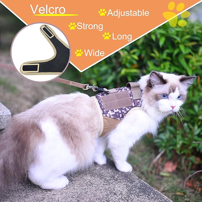 Tactical Kitty Harness and Leash for Walking Escape Proof, Desert Camo, X-Small, Adjustable Cat Walking Jackets, Padded Stylish Cat Vest for Winter