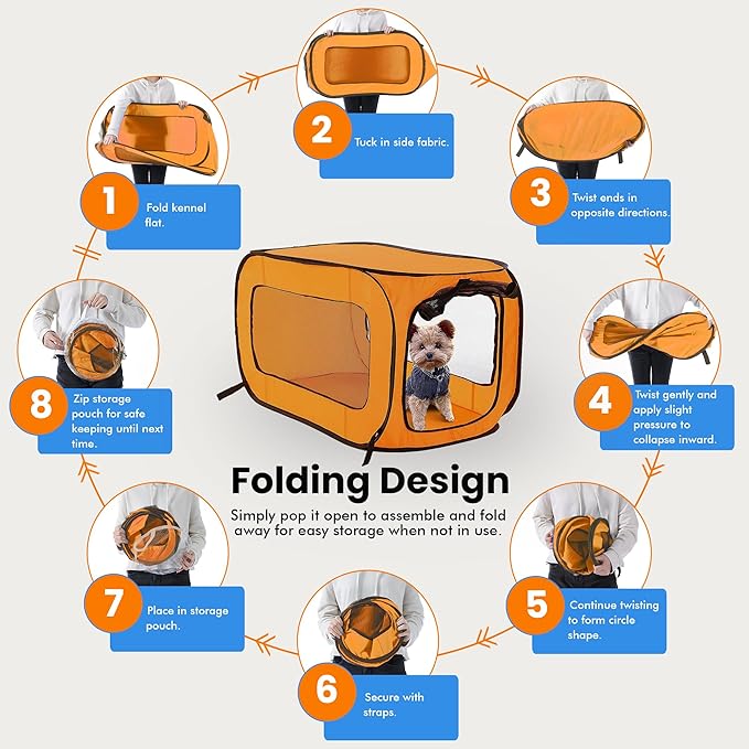 Beatrice Home Fashions Portable, Collapsible, Pop Up Kennel Travel Cat and Dog Crate, 24" L x 16.6" W x 16" H, Orange