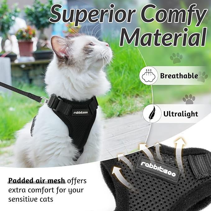 rabbitgoo Cat Harness and Leash for Walking, Escape Proof Soft Adjustable Vest Harnesses for Cats, Easy Control Breathable Reflective Strips Jacket, Black, S