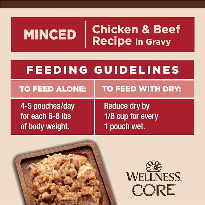 Wellness CORE Tiny Tasters Wet Cat Food, Complete & Balanced Natural Pet Food, Made with Real Meat, 1.75-Ounce Pouch, 12 Pack (Adult Cat, Minced Chicken & Beef in Gravy)